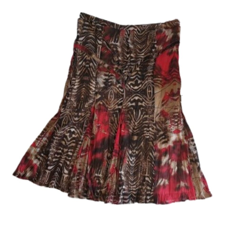 VINTAGE Red Beige Printed Flared Skirt Size XL ---